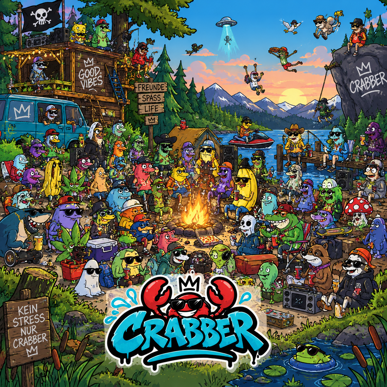 Die Bewohner von Bikini Bottom versammelt hinter eurem Crabber-Logo